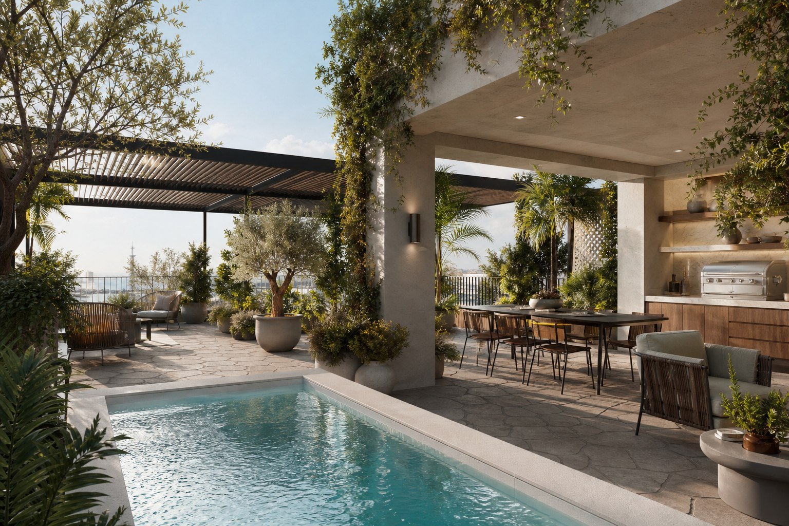 L7 Resident Terrace — pergola, plunge pool, olive trees, BBQ, bay view