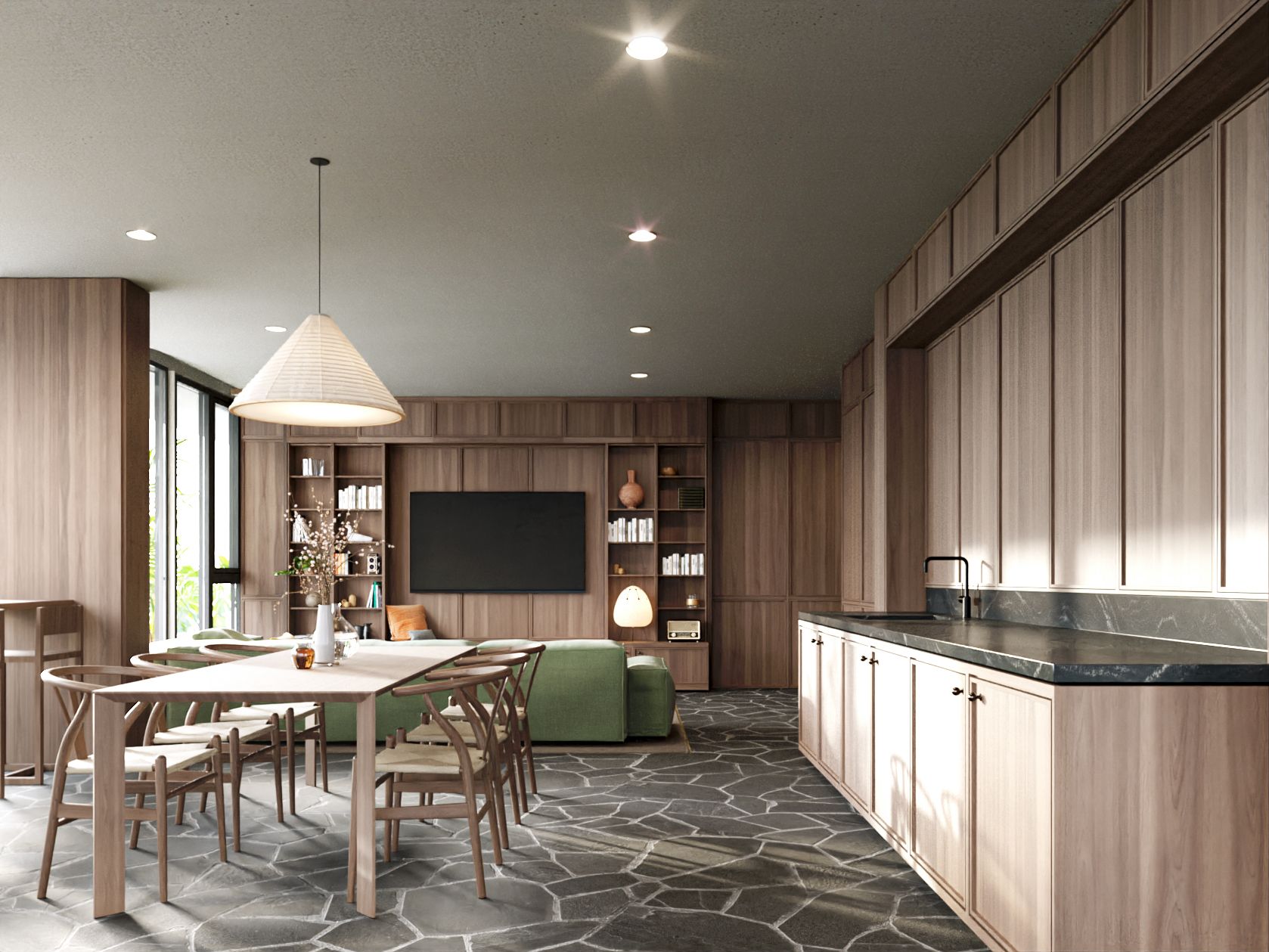 Rendering of the dining and lounge room: a long oak table, a green sofa, a wall of timber cabinetry and a stone-topped kitchen counter