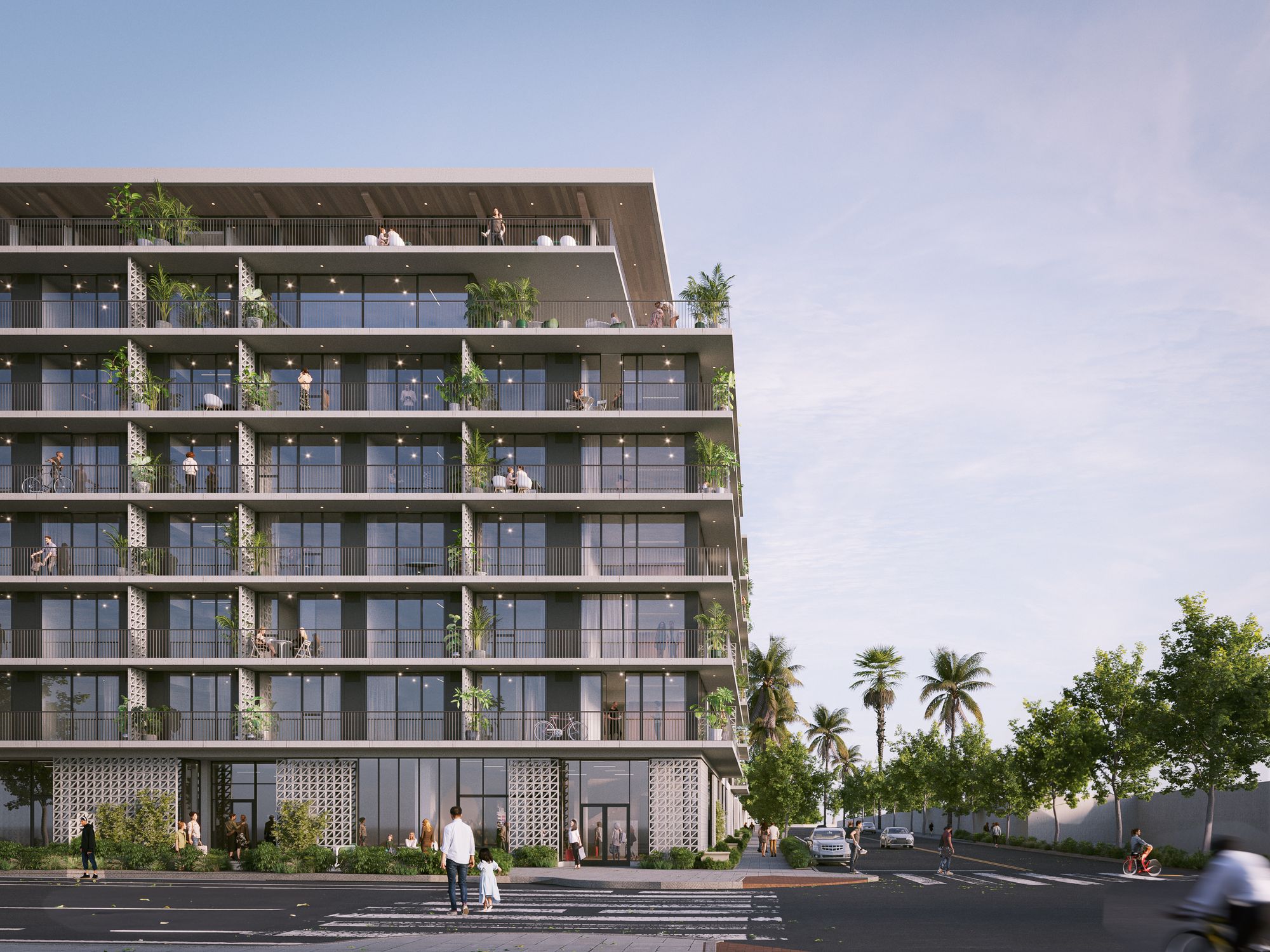 Rendering of Alüm at 25th and C: eight storeys of deep planted balconies over ground-floor shops, palms along the street