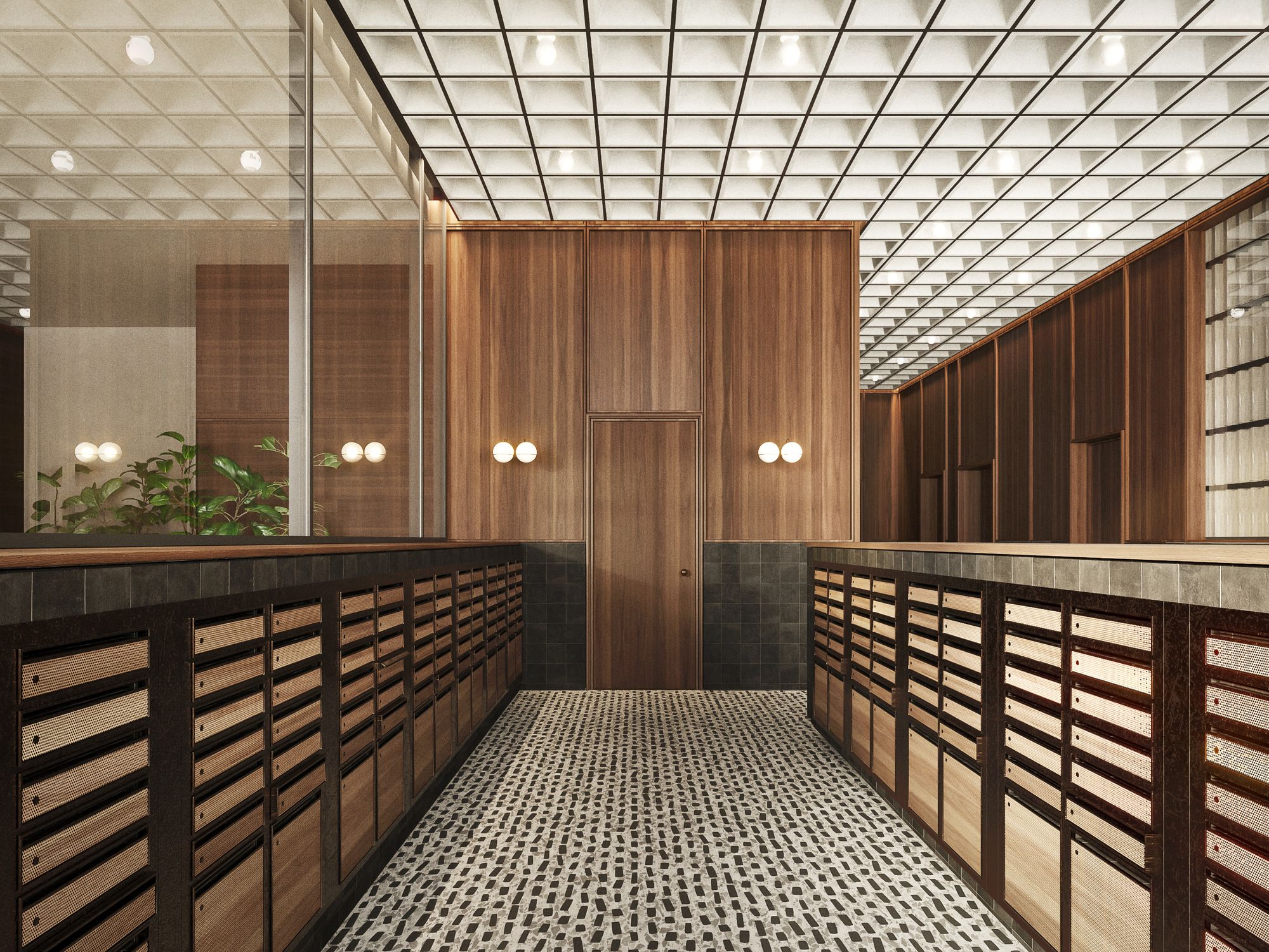 Rendering of the mail room: walls of timber-fronted mailboxes under a luminous grid ceiling