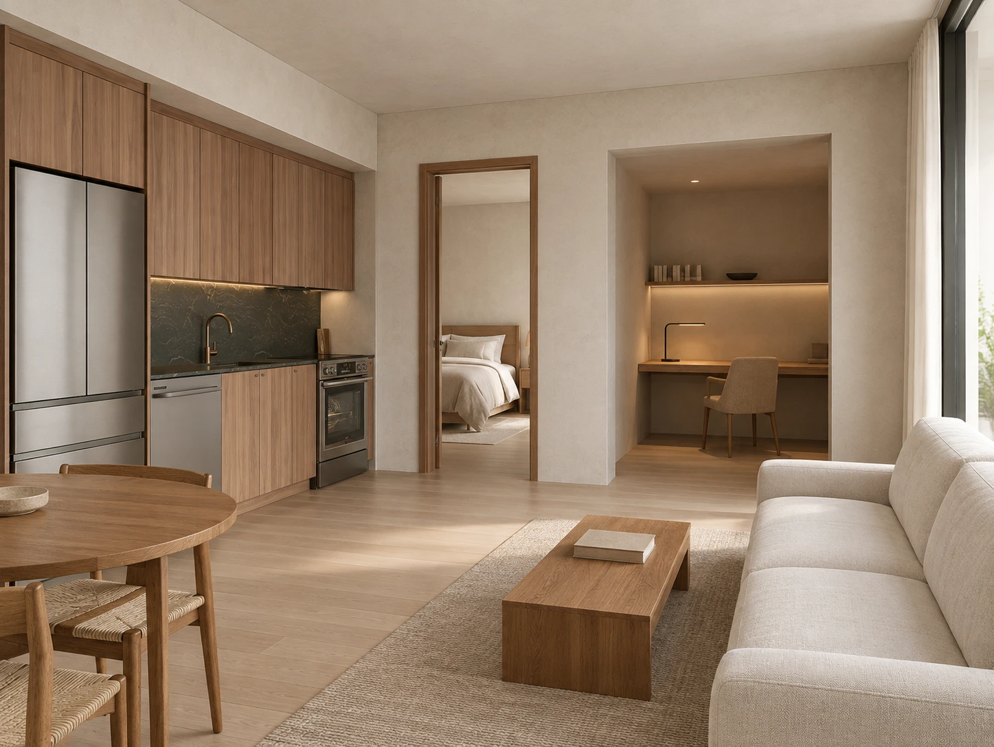 One-bedroom-plus-den interior concept with a separate bedroom, dedicated study and island-free wall kitchen.