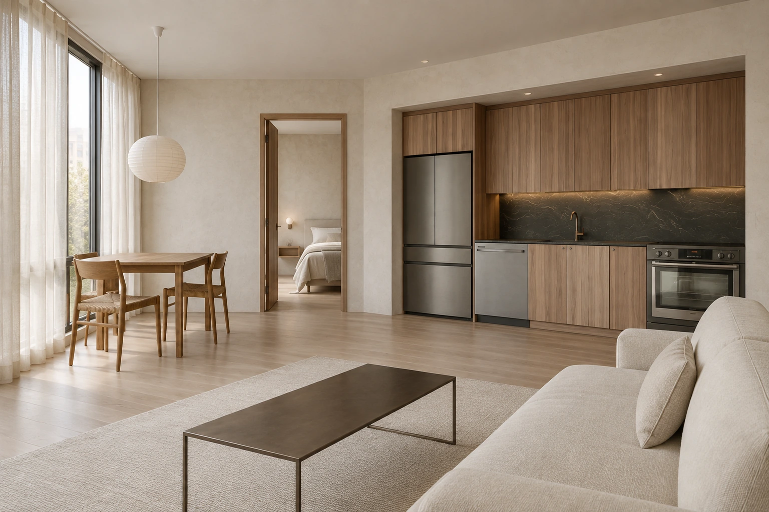 One-bedroom interior concept with a recessed wall kitchen, spare living and dining furniture and a separate bedroom; no island.