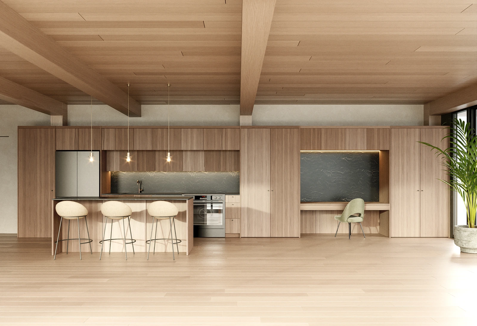 Supplied penthouse kitchen rendering with a timber ceiling, warm wood cabinetry, island and window-side desk.