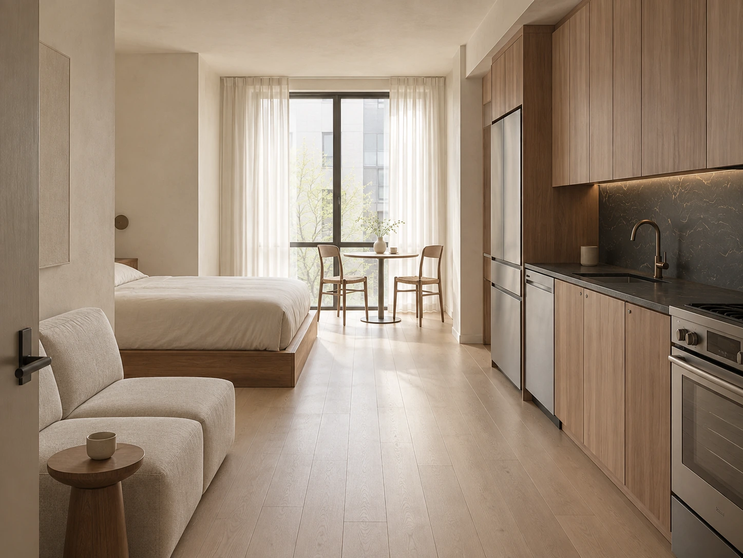 Studio interior concept with a wall kitchen, open sleeping area and window-side dining table; no island.