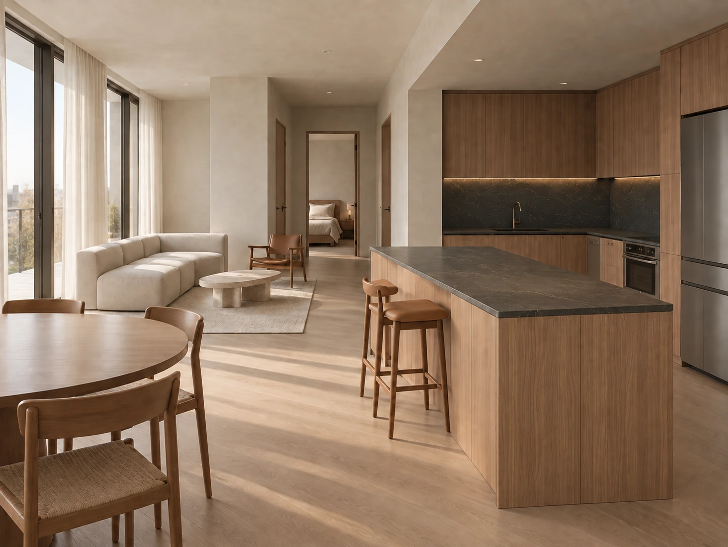 Two-bedroom interior concept with a freestanding wood island and dark stone countertop; wood end panel without a waterfall edge.